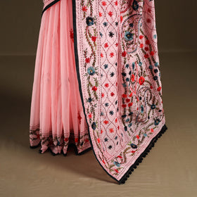 Pink - Phulkari Hand Embroidered Chanderi Silk Chapa Work Saree 17