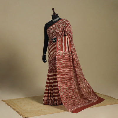 Brown - mul cotton hand batik saree 57 - handcrafted