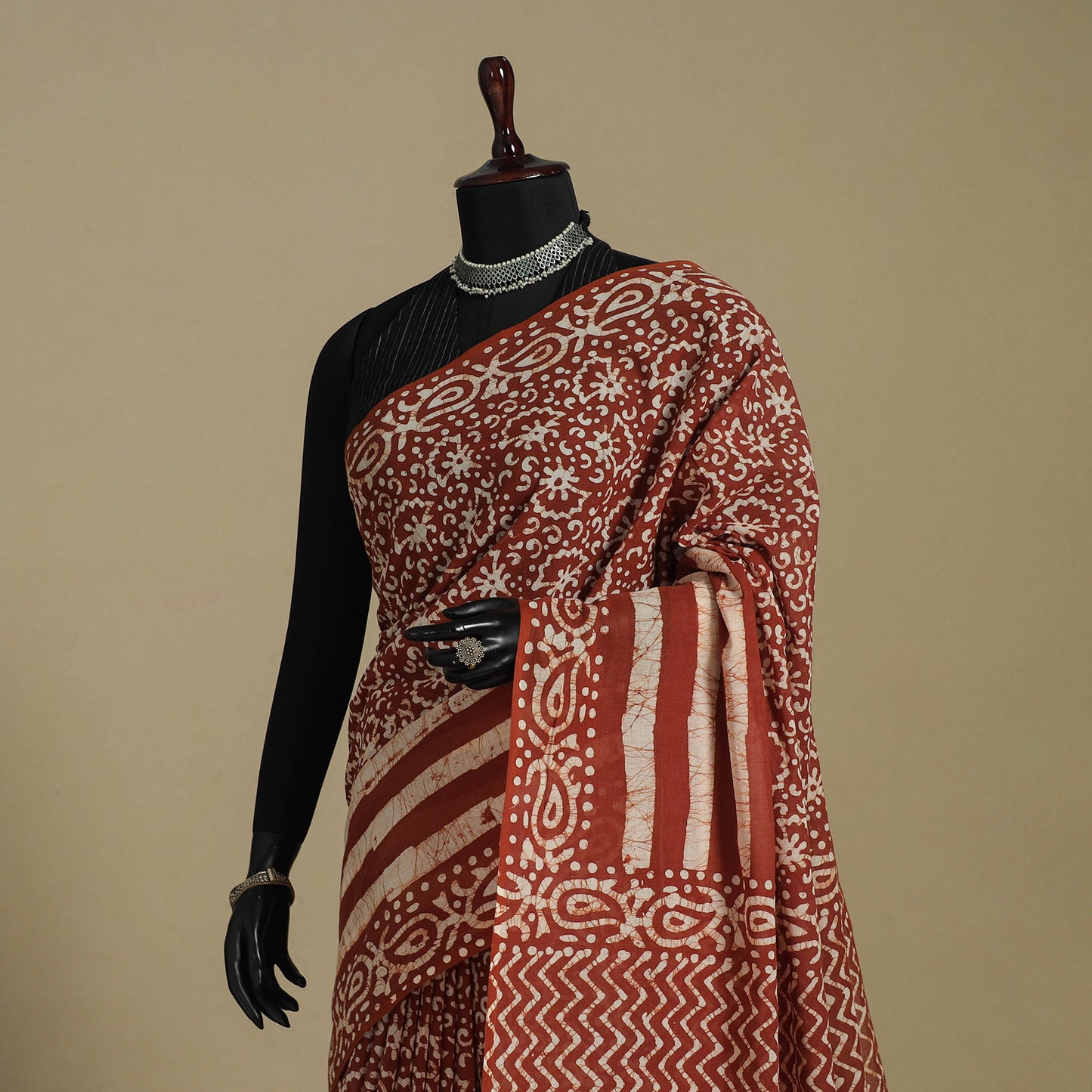 Brown - mul cotton hand batik saree 57 - handcrafted