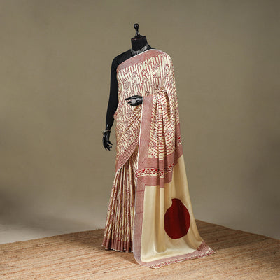 Beige - Modal Silk Hand Block Print Bagru Saree 05