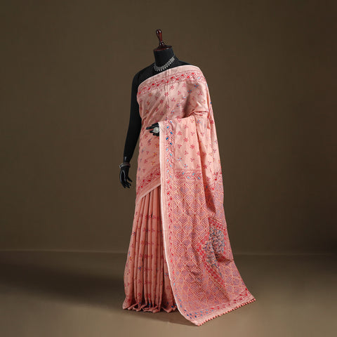 Peach - Phulkari Hand Embroidered Chanderi Silk Chapa Work Saree 18