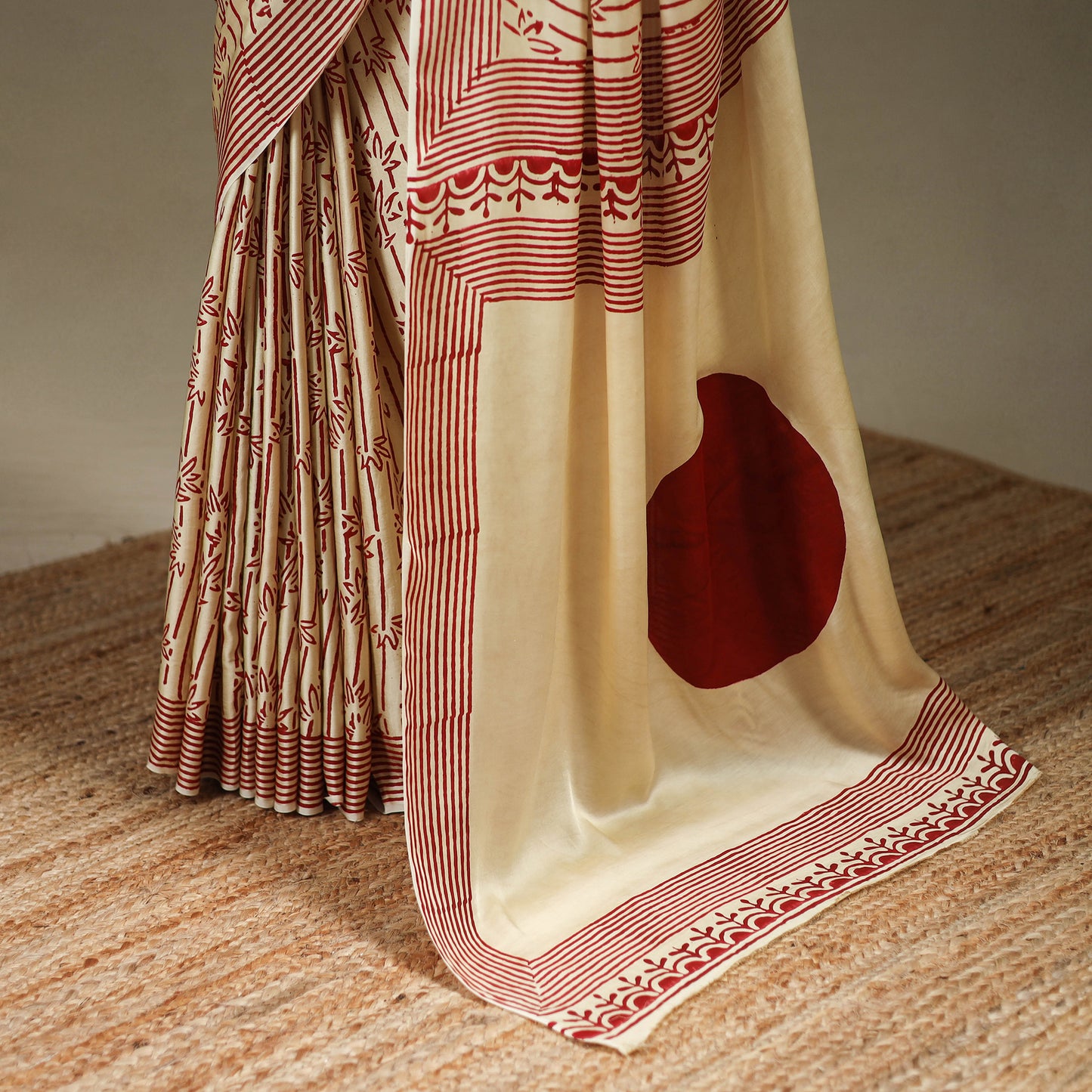 Beige - Modal Silk Hand Block Print Bagru Saree 05