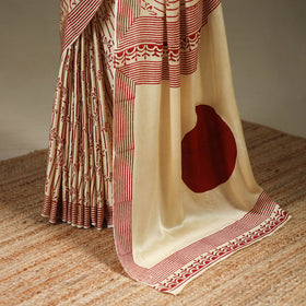 Beige - Modal Silk Hand Block Print Bagru Saree 05