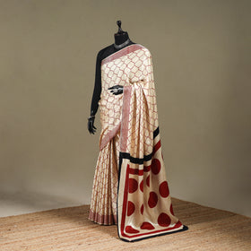 Beige - Modal Silk Hand Block Print Bagru Saree 06