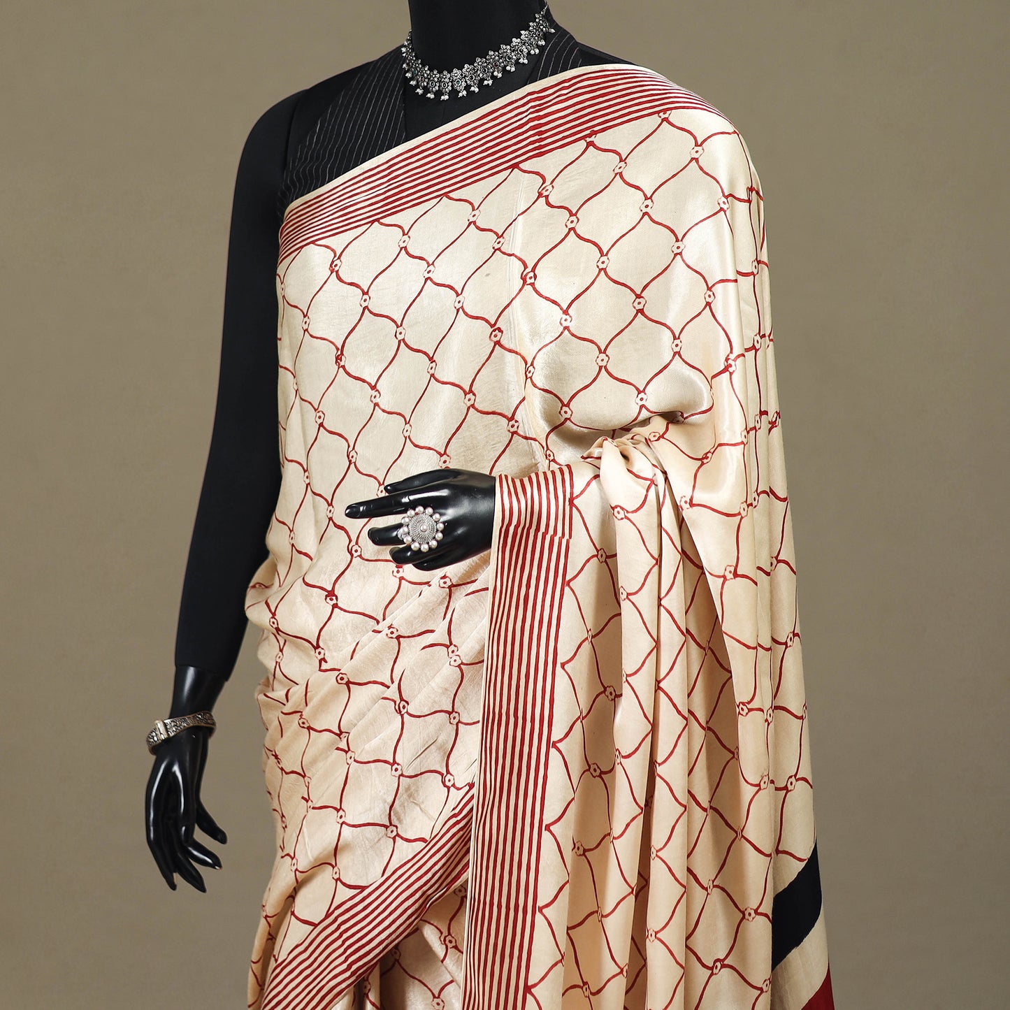 Beige - Modal Silk Hand Block Print Bagru Saree 06