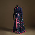 Blue - Phulkari Hand Embroidered Chanderi Silk Chapa Work Saree 19