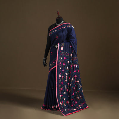 Blue - Phulkari Hand Embroidered Chanderi Silk Chapa Work Saree 19