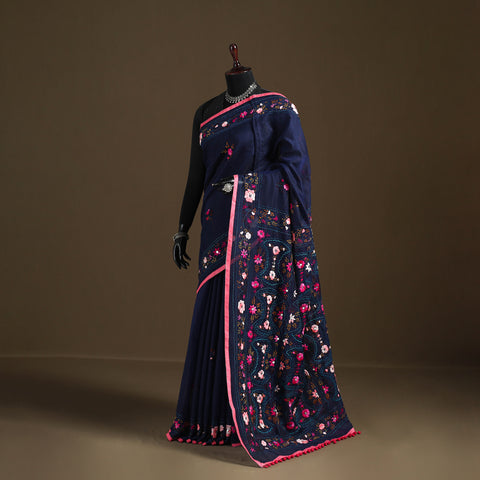 Blue - Phulkari Hand Embroidered Chanderi Silk Chapa Work Saree 19