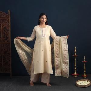 Beige - Elegant Gota Work Silk Kota Doria Kurta Set 10