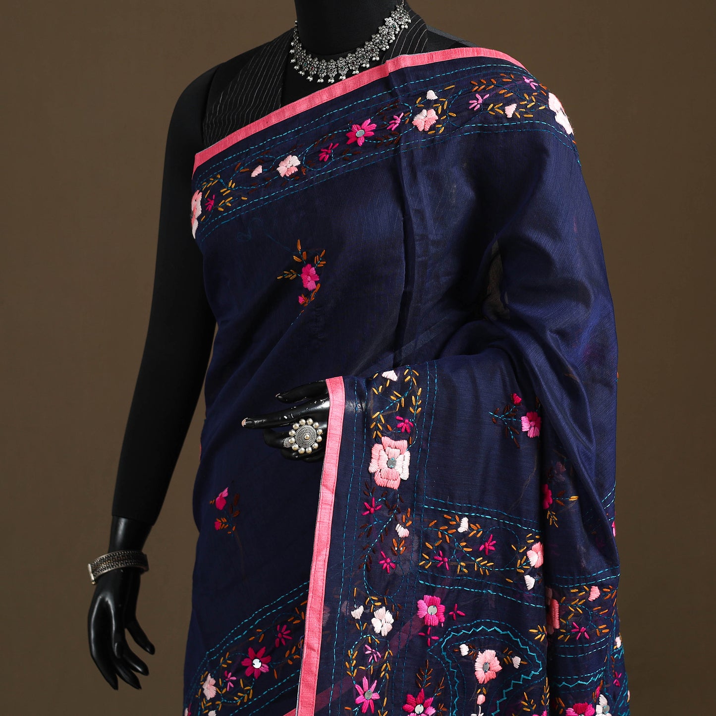 Blue - Phulkari Hand Embroidered Chanderi Silk Chapa Work Saree 19