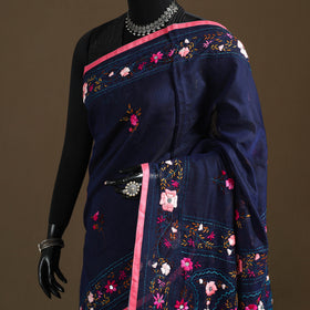 Blue - Phulkari Hand Embroidered Chanderi Silk Chapa Work Saree 19