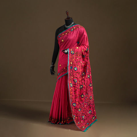 Pink - Phulkari Hand Embroidered Chanderi Silk Chapa Work Saree 20