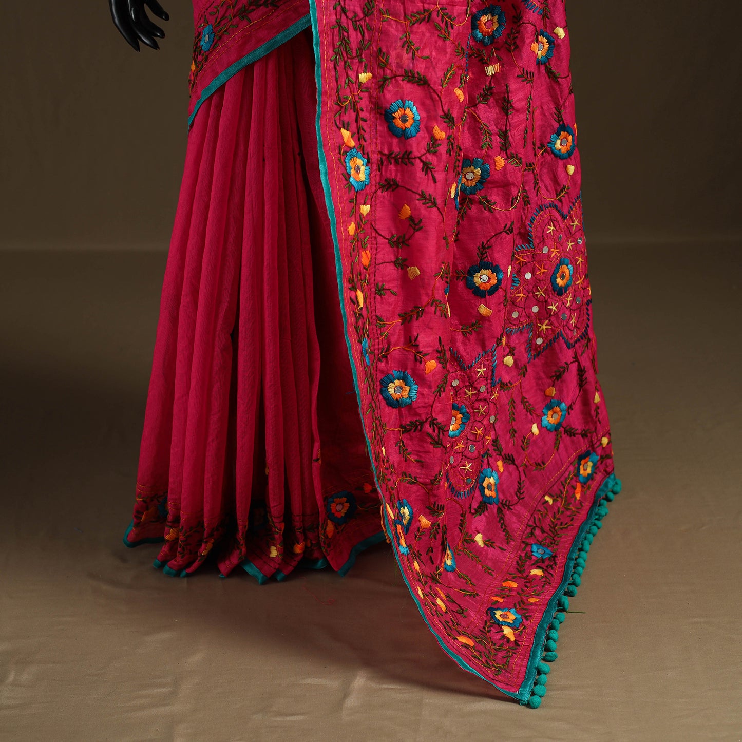 Pink - Phulkari Hand Embroidered Chanderi Silk Chapa Work Saree 20