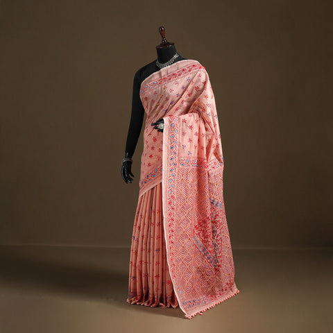 Peach - Phulkari Hand Embroidered Chanderi Silk Chapa Work Saree 21