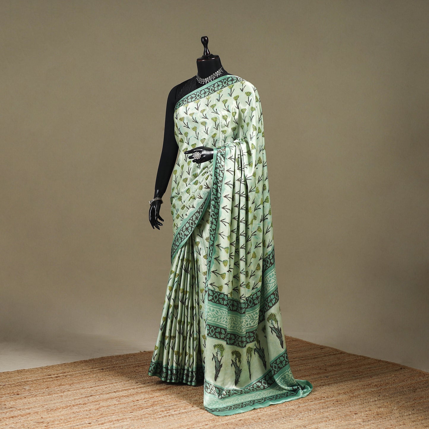 Green - Modal Silk Hand Block Print Bagru Saree 09