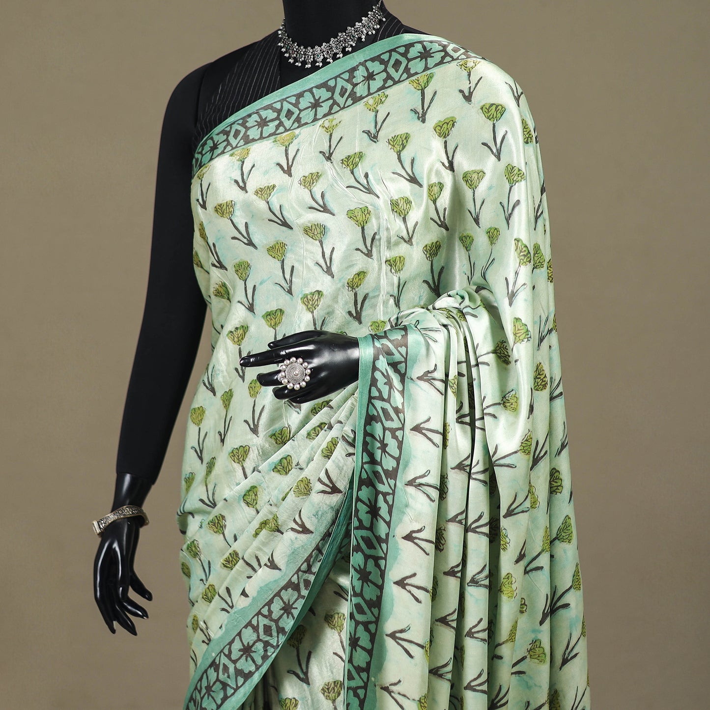 Green - Modal Silk Hand Block Print Bagru Saree 09