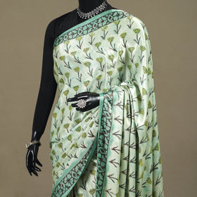 Green - Modal Silk Hand Block Print Bagru Saree 09