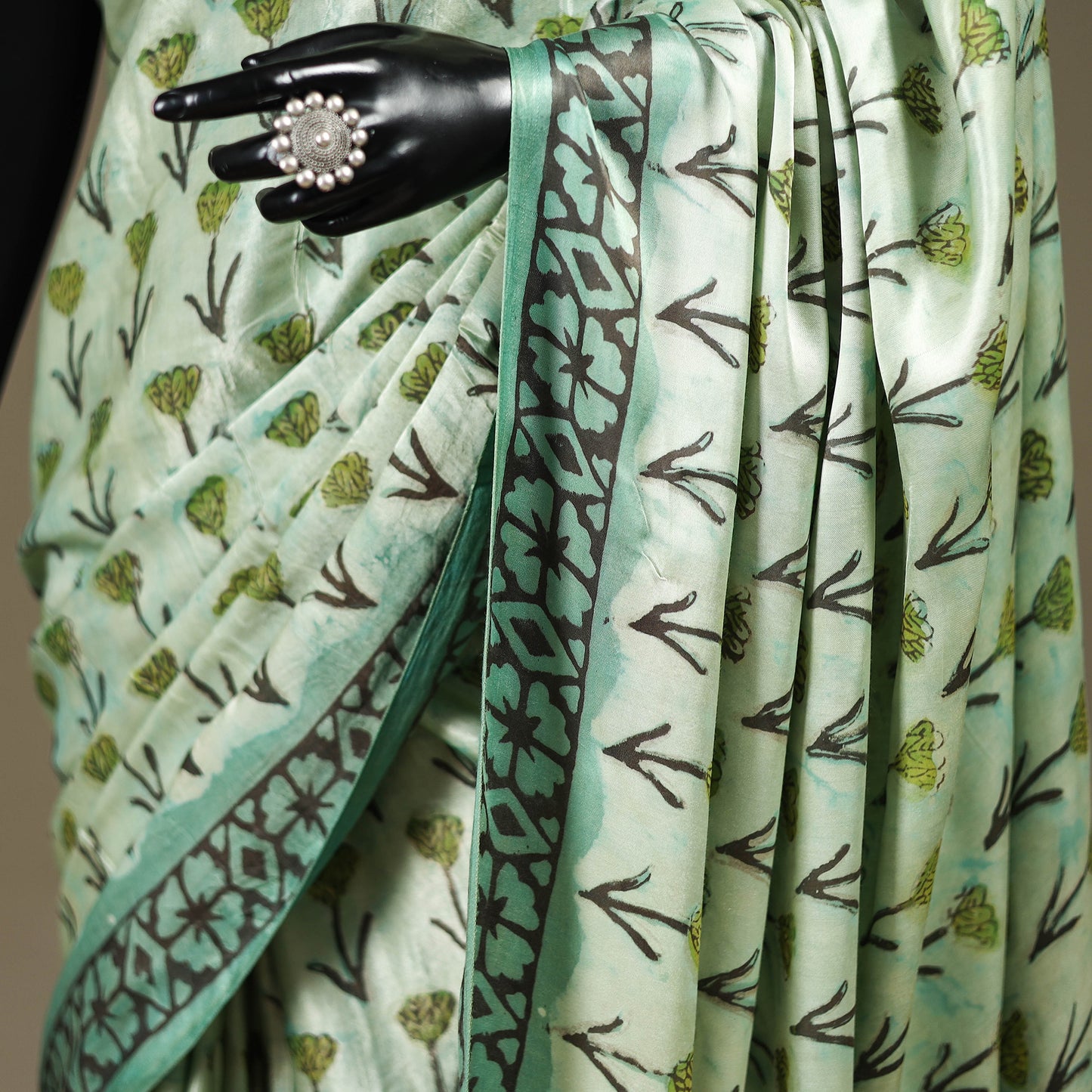 Green - Modal Silk Hand Block Print Bagru Saree 09
