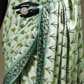 Green - Modal Silk Hand Block Print Bagru Saree 09