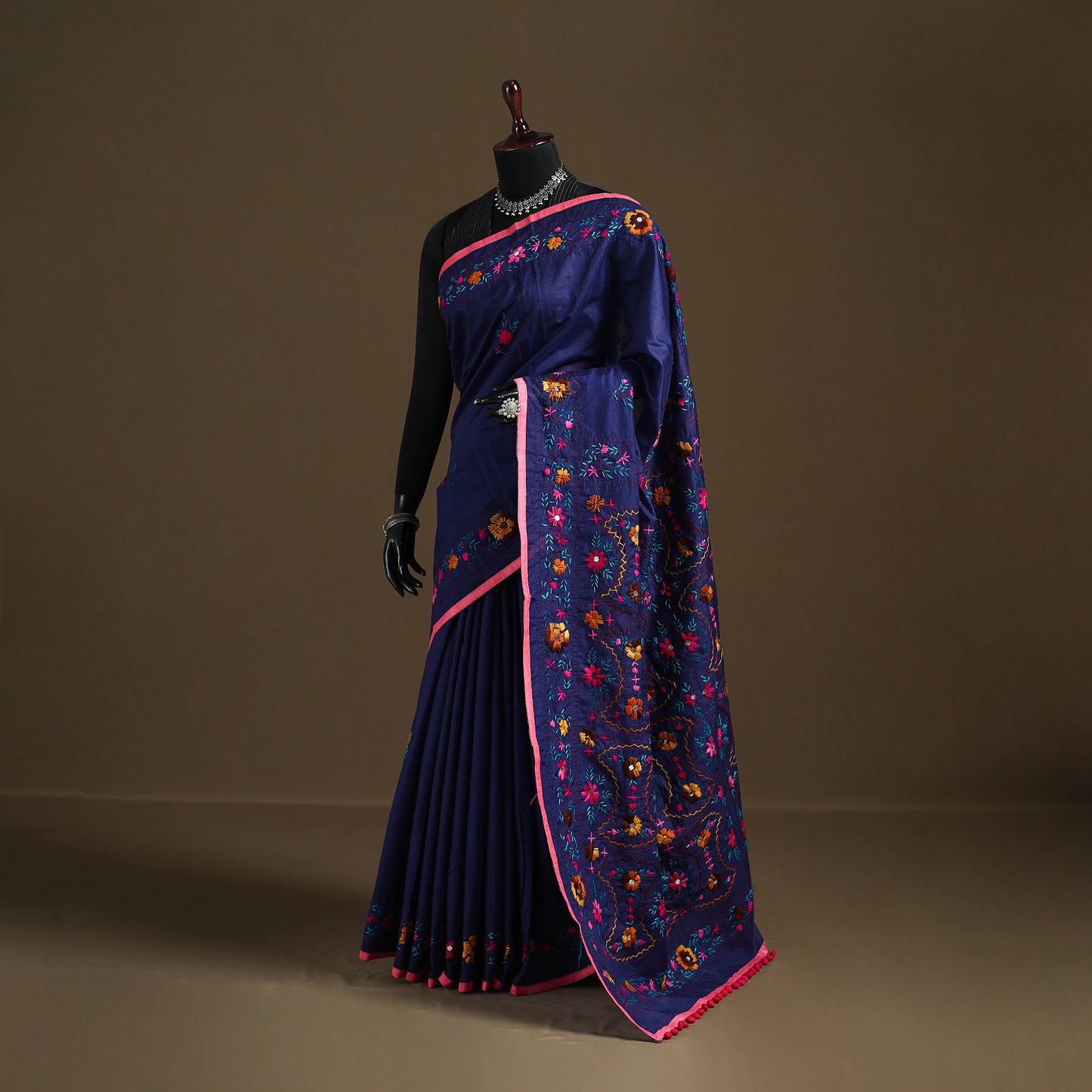 Blue - Phulkari Hand Embroidered Chanderi Silk Chapa Work Saree 22