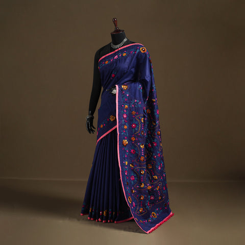 Blue - Phulkari Hand Embroidered Chanderi Silk Chapa Work Saree 22