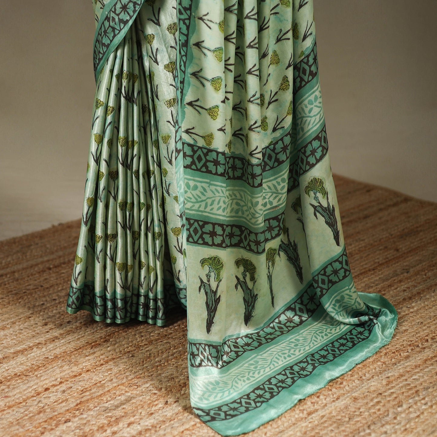Green - Modal Silk Hand Block Print Bagru Saree 09
