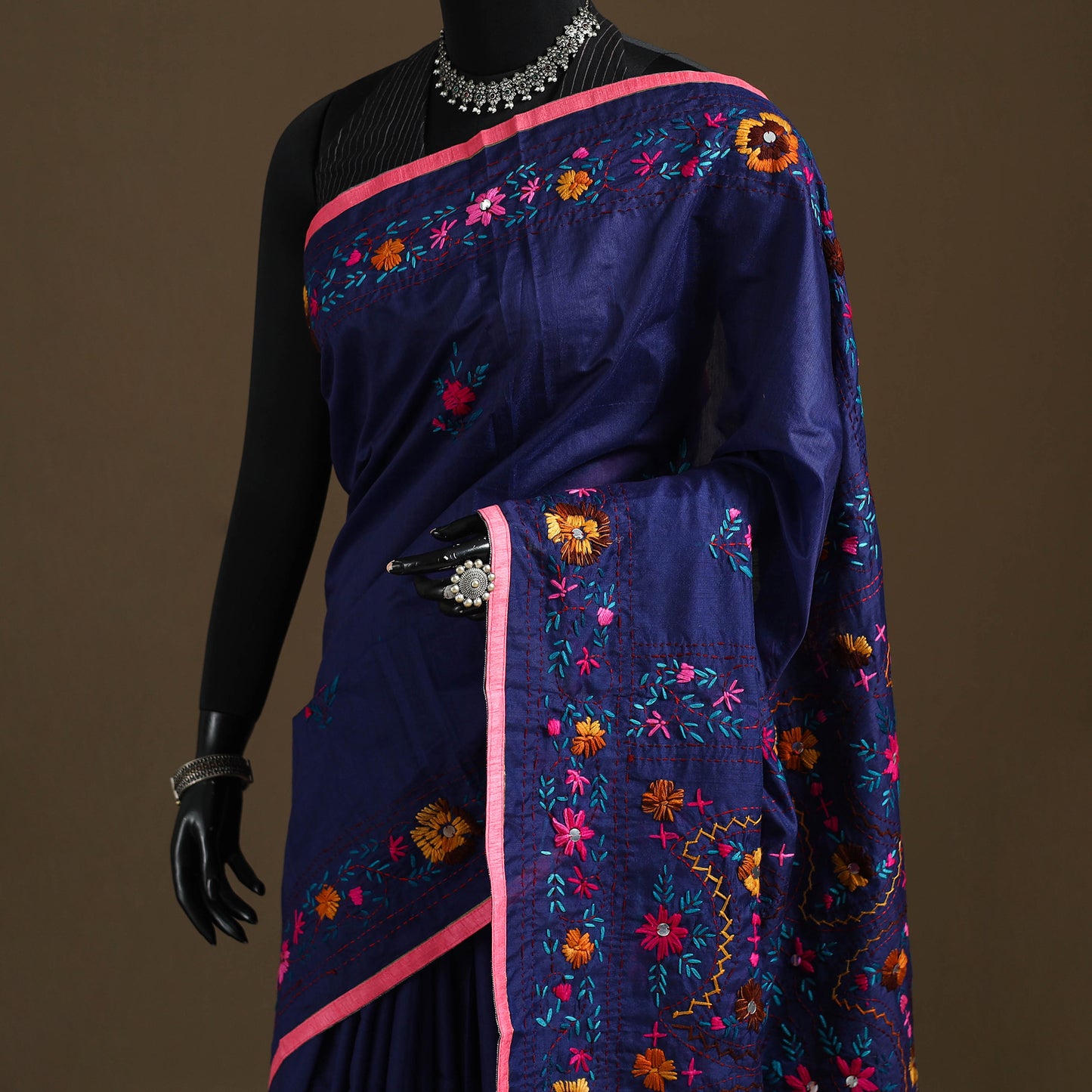 Blue - Phulkari Hand Embroidered Chanderi Silk Chapa Work Saree 22