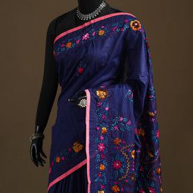 Blue - Phulkari Hand Embroidered Chanderi Silk Chapa Work Saree 22