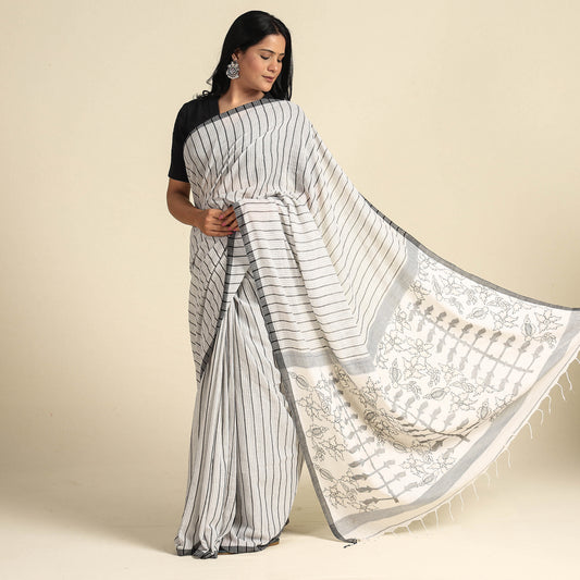 White - Bengal Kantha Hand Embroidery Handloom Cotton Saree with Tassels 17