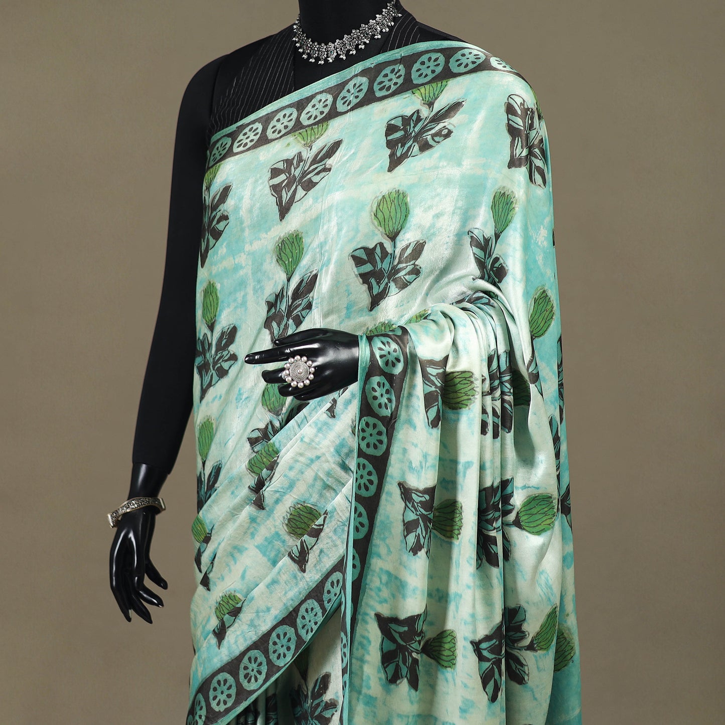 Green - Modal Silk Hand Block Print Bagru Saree 10