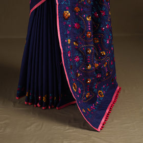 Blue - Phulkari Hand Embroidered Chanderi Silk Chapa Work Saree 22