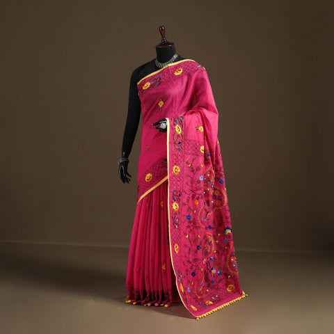 Pink - Phulkari Hand Embroidered Chanderi Silk Chapa Work Saree 23