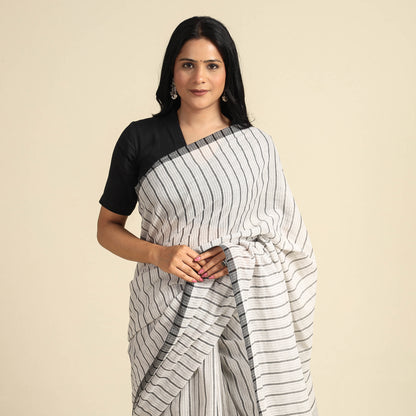 White - Bengal Kantha Hand Embroidery Handloom Cotton Saree with Tassels 17