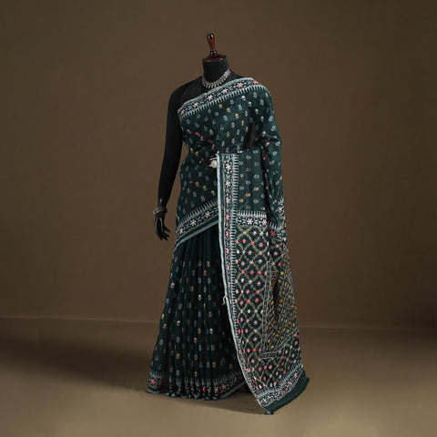 Green - Phulkari Hand Embroidered Chanderi Silk Chapa Work Saree 24
