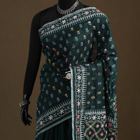 Green - Phulkari Hand Embroidered Chanderi Silk Chapa Work Saree 24