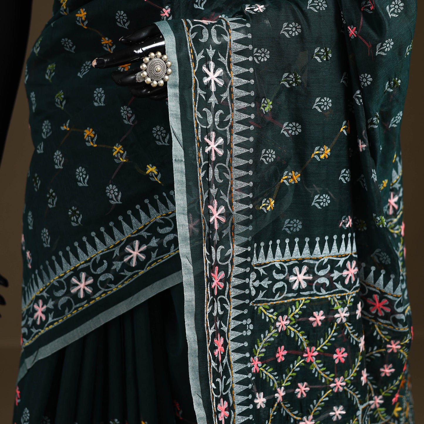 Green - Phulkari Hand Embroidered Chanderi Silk Chapa Work Saree 24