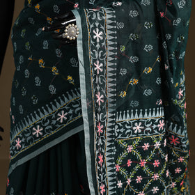 Green - Phulkari Hand Embroidered Chanderi Silk Chapa Work Saree 24