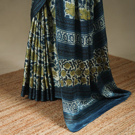Blue - Modal Silk Hand Block Print Bagru Saree 12