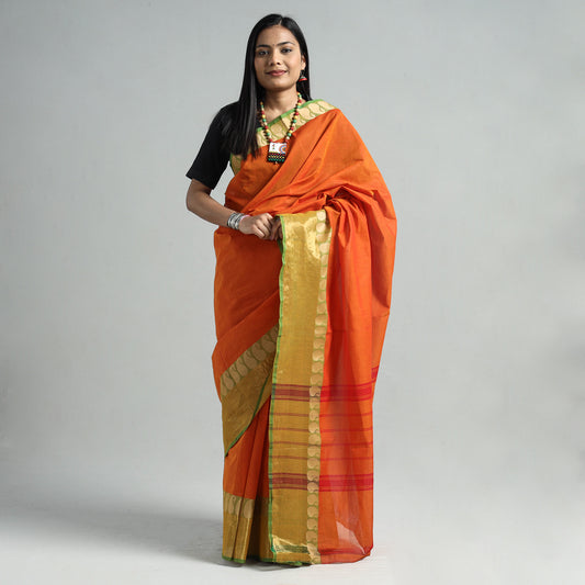 Orange - Traditional Chettinad Kandangi Cotton Saree with Thread Border