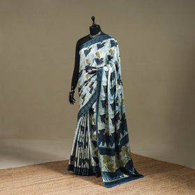 Blue - Modal Silk Hand Block Print Bagru Saree 13