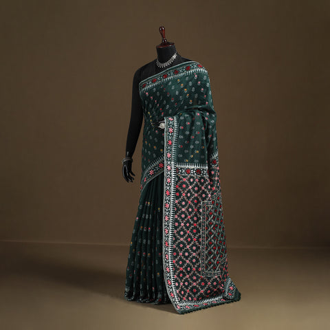 Green - Phulkari Hand Embroidered Chanderi Silk Chapa Work Saree 25
