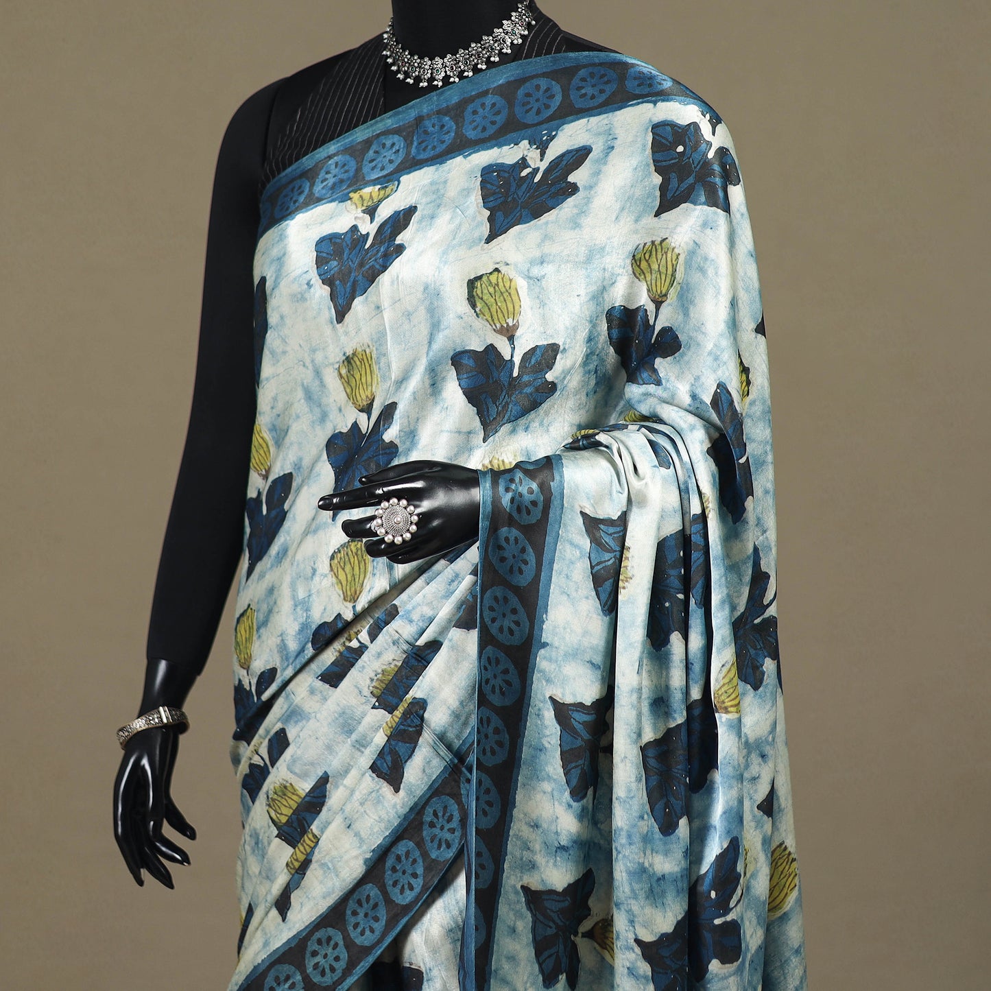 Blue - Modal Silk Hand Block Print Bagru Saree 13