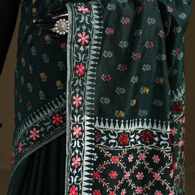 Green - Phulkari Hand Embroidered Chanderi Silk Chapa Work Saree 25