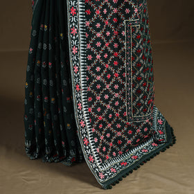 Green - Phulkari Hand Embroidered Chanderi Silk Chapa Work Saree 25