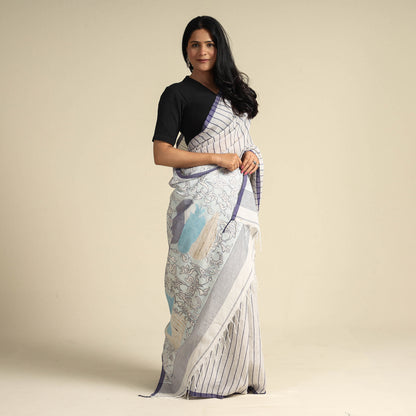 White - Bengal Kantha Hand Embroidery Handloom Cotton Saree with Tassels 22