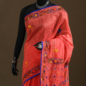 Orange - Phulkari Hand Embroidered Chanderi Silk Chapa Work Saree 26