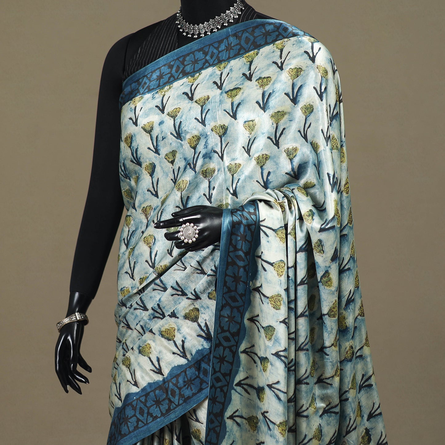 Blue - Modal Silk Hand Block Print Bagru Saree 14