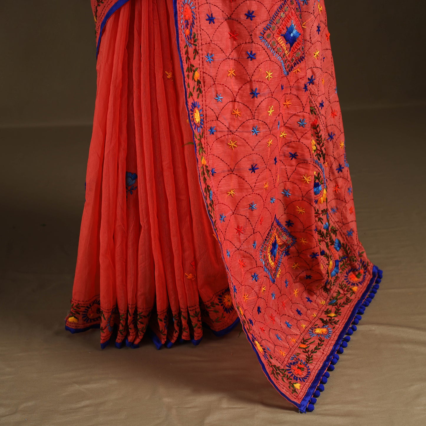 Orange - Phulkari Hand Embroidered Chanderi Silk Chapa Work Saree 26