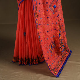 Orange - Phulkari Hand Embroidered Chanderi Silk Chapa Work Saree 26