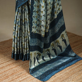 Blue - Modal Silk Hand Block Print Bagru Saree 14